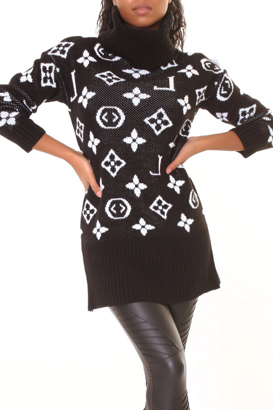 Long black luxury print turtleneck sweater - 5