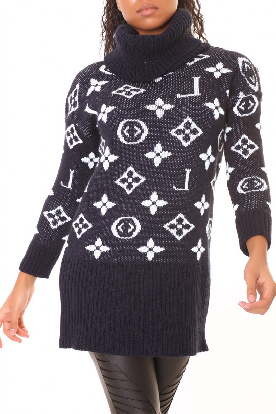 Long navy blue luxury print turtleneck sweater - 5