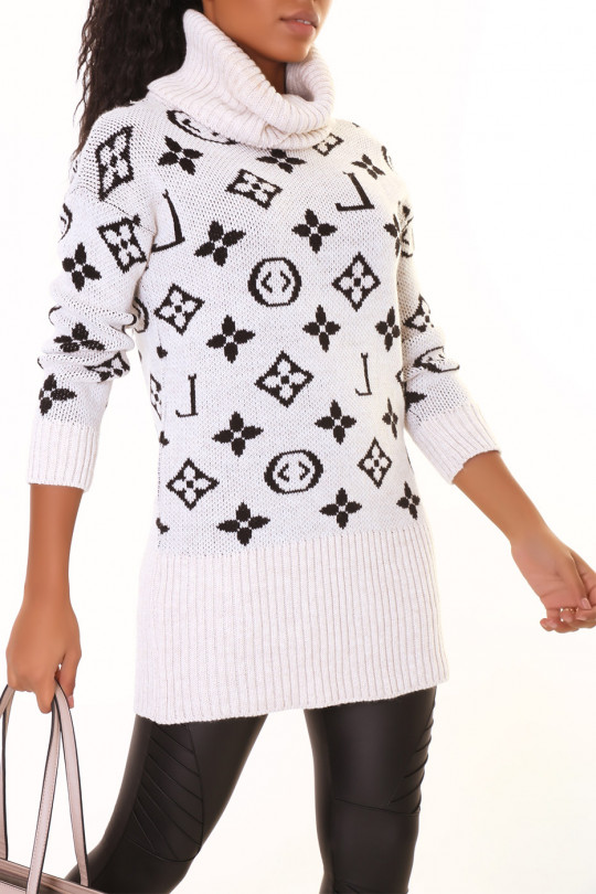 Long white luxury print turtleneck sweater - 1