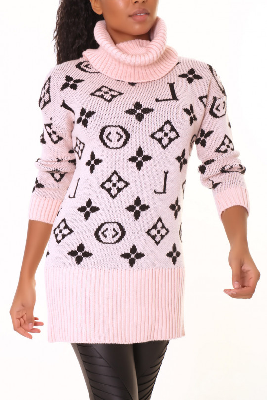 Long pink turtleneck sweater with luxury print - 1