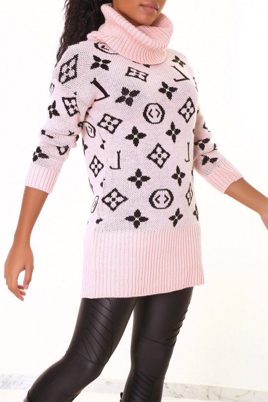 Long pink turtleneck sweater with luxury print - 3