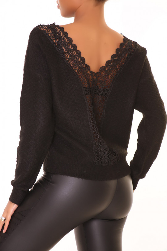 Black light sweater with round neck and open back in lace - 3