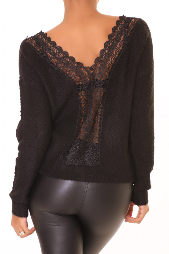Black light sweater with round neck and open back in lace - 4