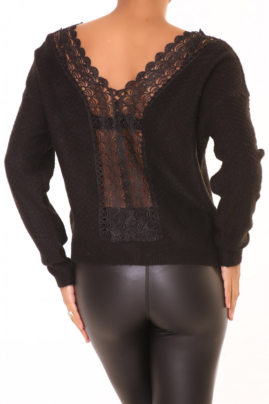 Black light sweater met ronde hals en open rug van kant - 5
