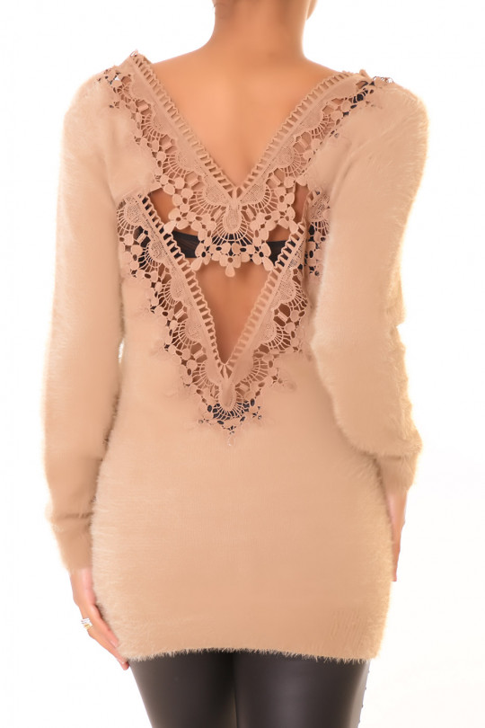 Long camel sweater with open back V and embroidery - 1