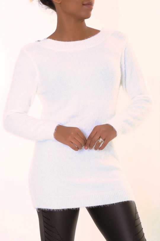 Pull long blanc à dos nu en V et broderie - 2