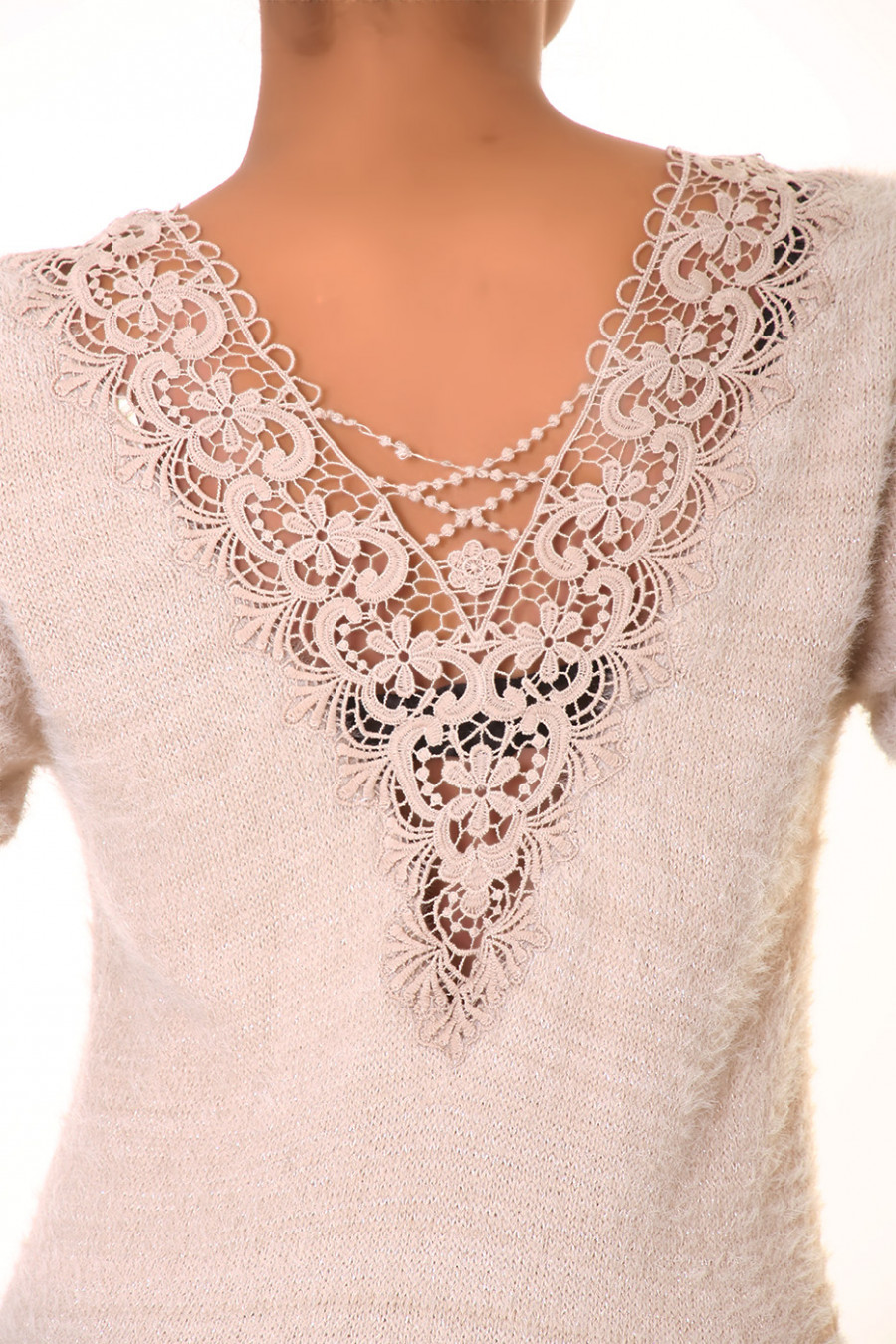 Long tight taupe sweater with lace details at the back - 1