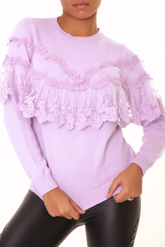 Lilac sweater with round neck and lace ruffles - 1