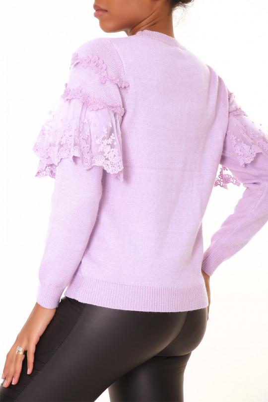 Lilac sweater with round neck and lace ruffles - 2