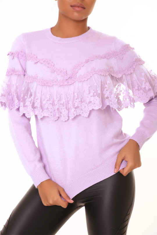 Lilac sweater with round neck and lace ruffles - 3