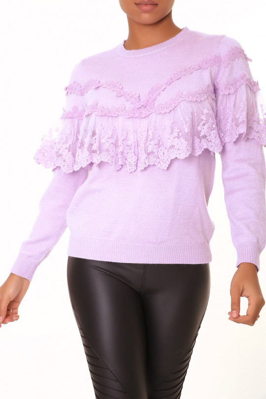 Lilac sweater with round neck and lace ruffles - 6