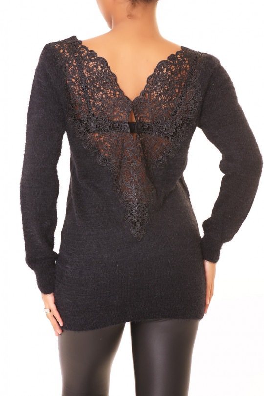 Long black tight sweater with beautiful embroidery on the back - 1