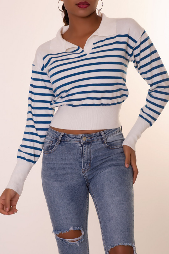 Pull marinière blanc et bleu à col chemise - 1