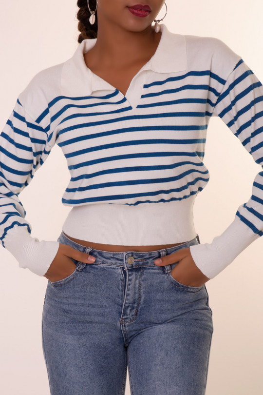 Pull marinière blanc et bleu à col chemise - 2