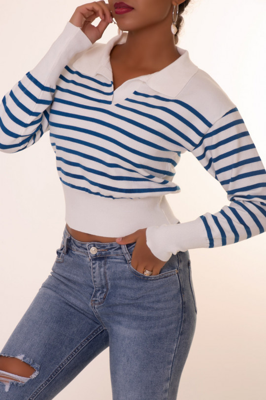 White and blue sailor sweater with shirt collar - 3