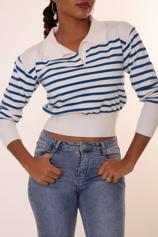 Pull marinière blanc et bleu à col chemise - 4