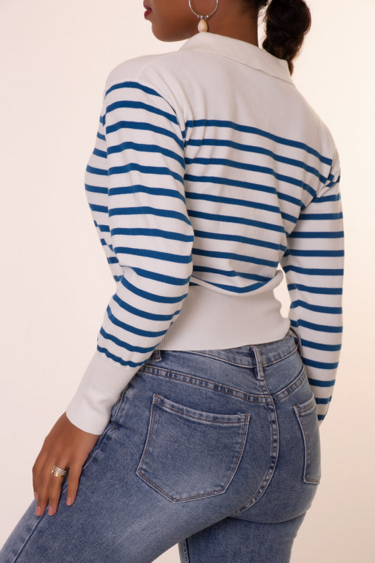 White and blue sailor sweater with shirt collar - 5