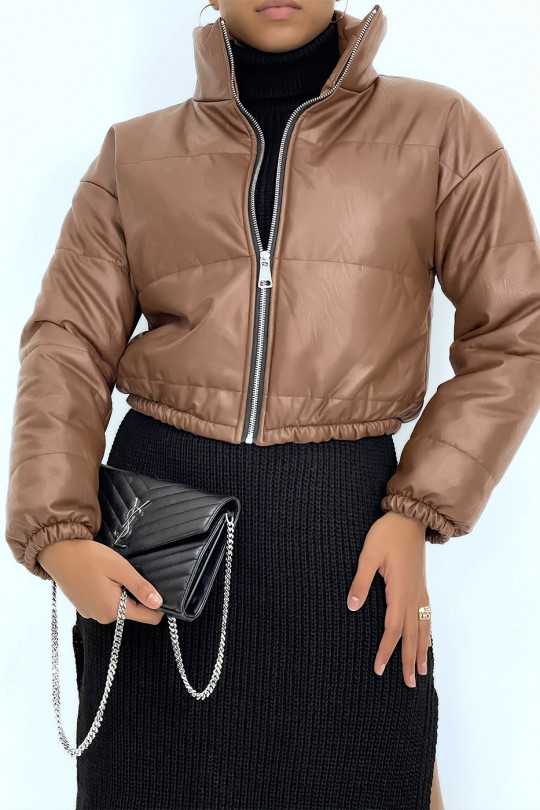 Short brown faux leather puffer jacket - 1