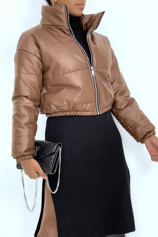 Short brown faux leather puffer jacket - 2