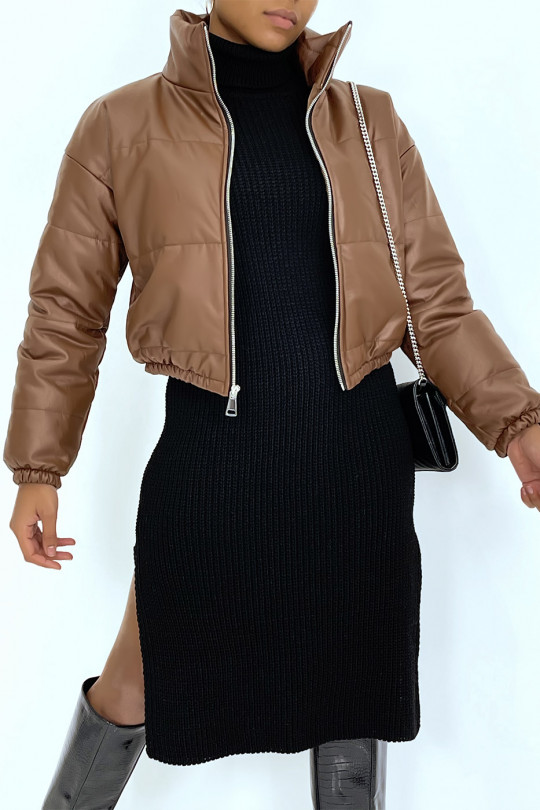Short brown faux leather puffer jacket - 3