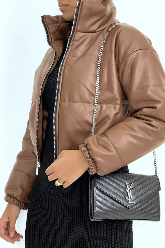 Short brown faux leather puffer jacket - 4