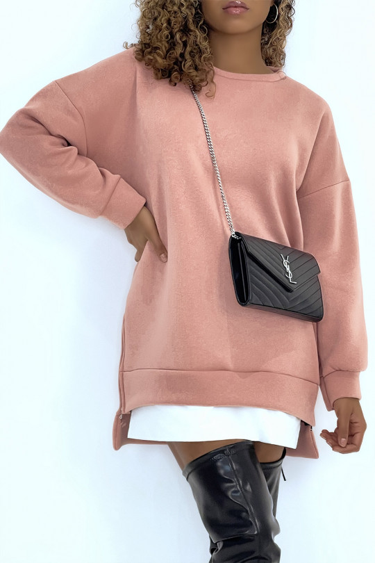 Pink asymmetric oversized sweater with shirt insert - 1