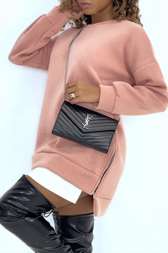 Pink asymmetric oversized sweater with shirt insert - 3