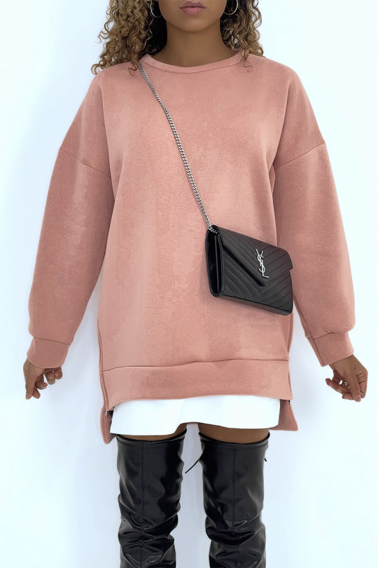 Pink asymmetric oversized sweater with shirt insert - 4