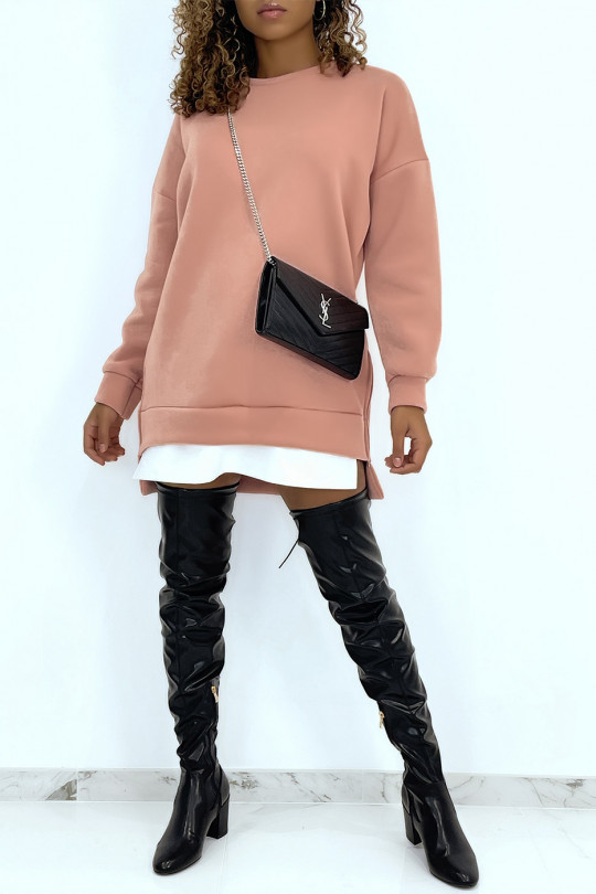 Pink asymmetric oversized sweater with shirt insert - 5