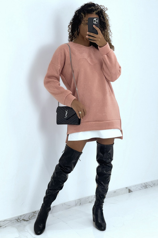 Pink asymmetric oversized sweater with shirt insert - 6