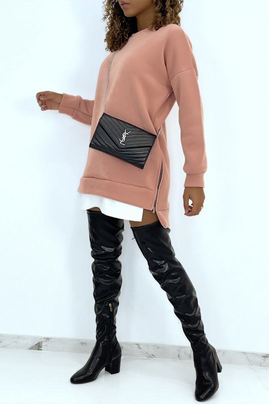 Pink asymmetric oversized sweater with shirt insert - 7