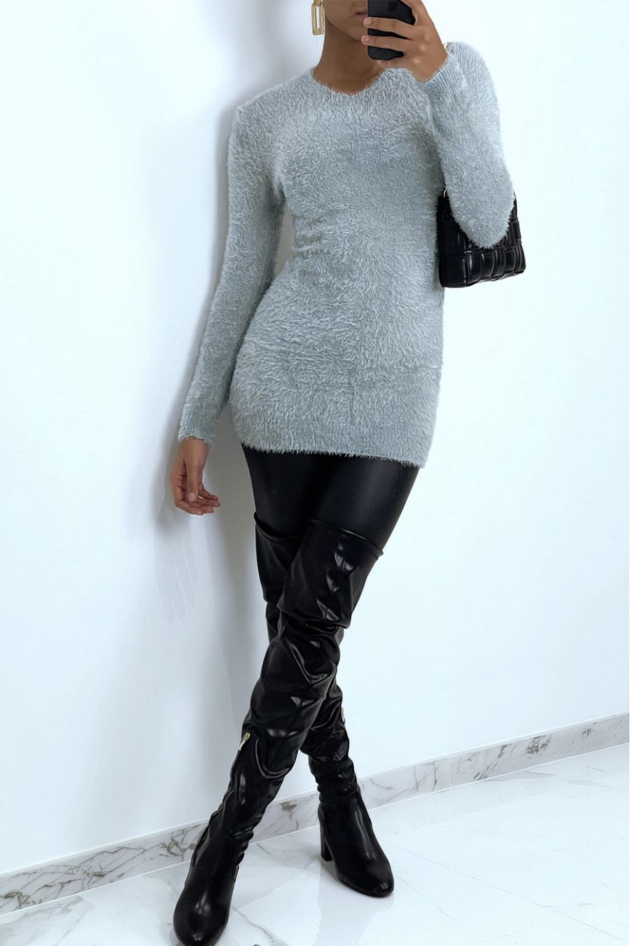 Long, water-green, skin-tight fluffy sweater - 6