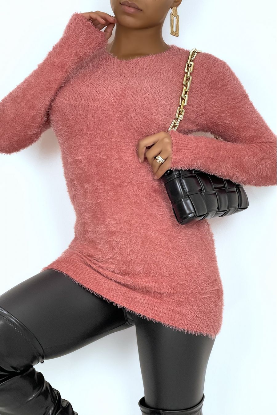 Long pink fluffy tight sweater - 4