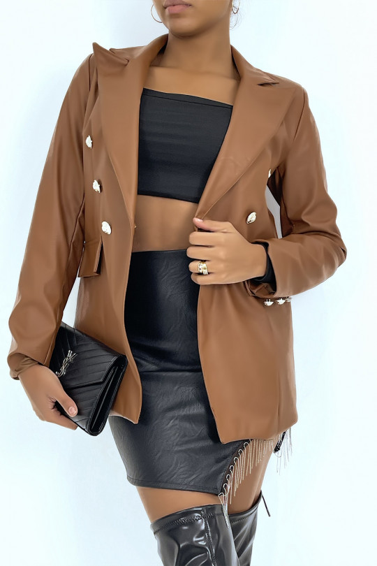 Cognac faux leather blazer jacket with pretty buttons - 4