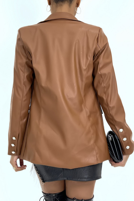 Cognac faux leather blazer jacket with pretty buttons - 6