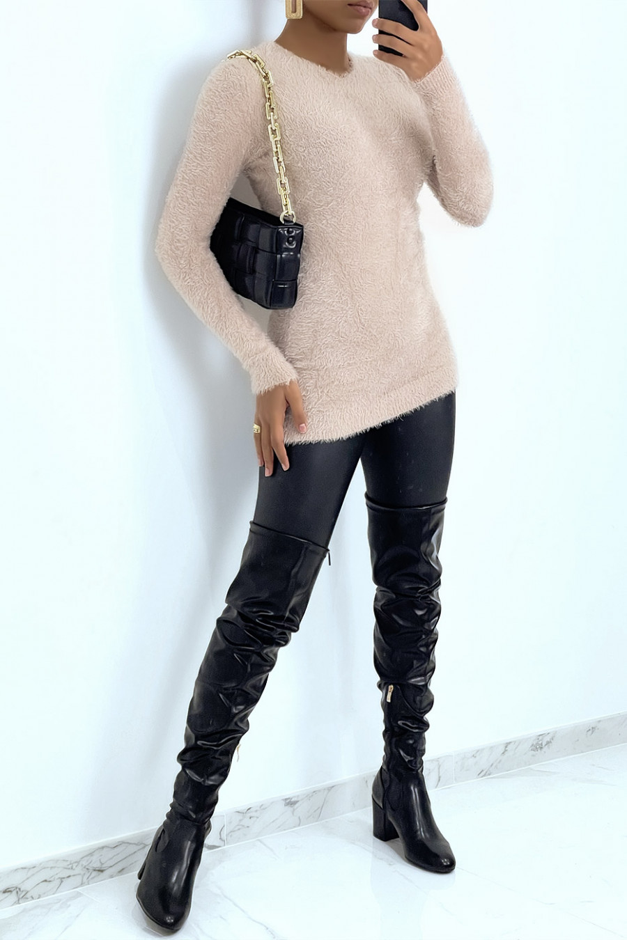 Long pull duveteux moulant taupe - 1