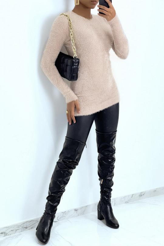 Long fluffy tight-fitting taupe sweater - 1