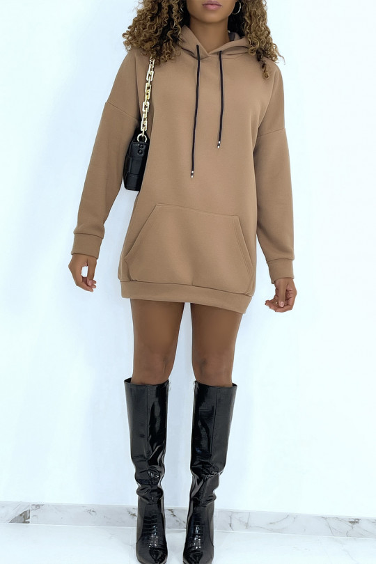 Long, very thick camel sweatshirt with hood and pockets - 1