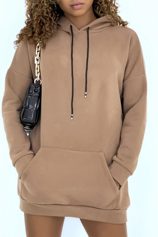 Long, very thick camel sweatshirt with hood and pockets - 4