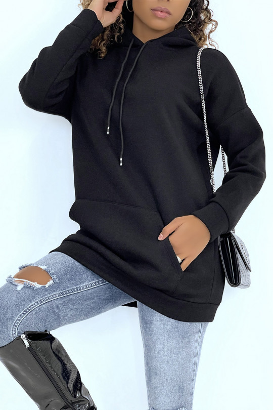 Long, very thick black sweatshirt with hood and pockets - 2