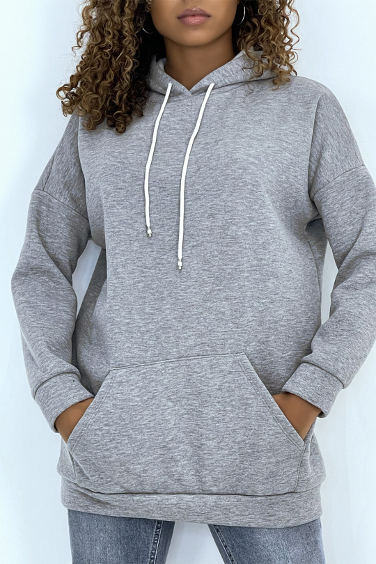Long, very thick gray sweatshirt with hood and pockets - 1