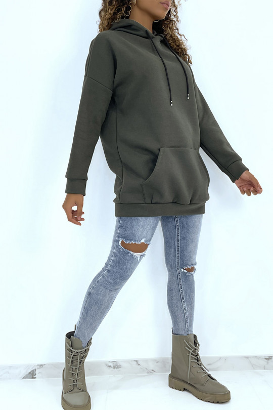 Long, very thick khaki sweatshirt with hood and pockets - 1