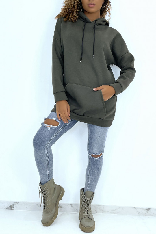 Long, very thick khaki sweatshirt with hood and pockets - 2
