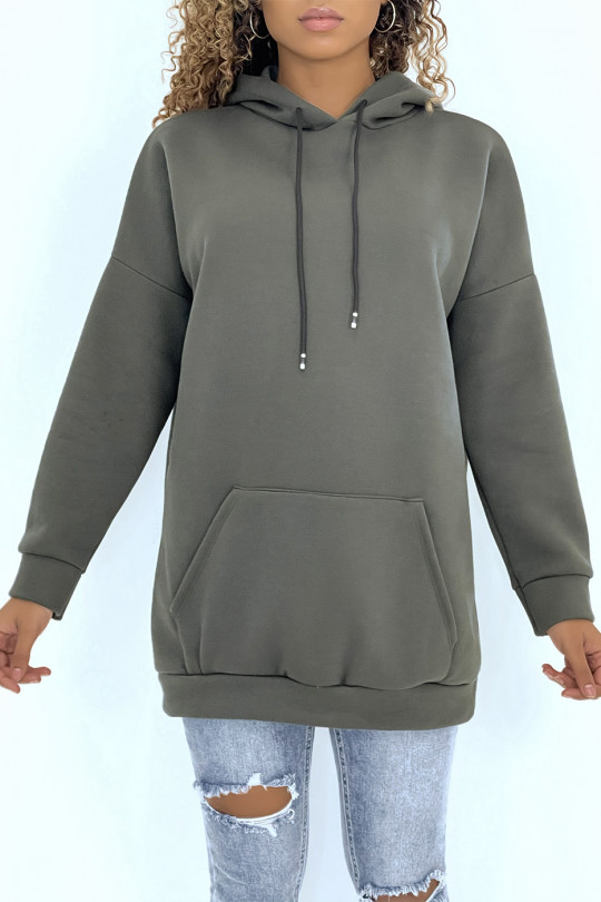 Long, very thick khaki sweatshirt with hood and pockets - 3