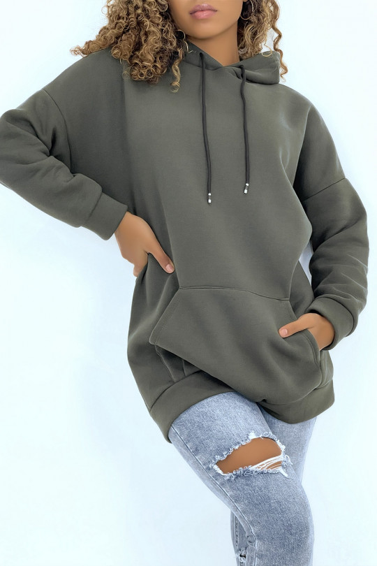 Long, very thick khaki sweatshirt with hood and pockets - 5