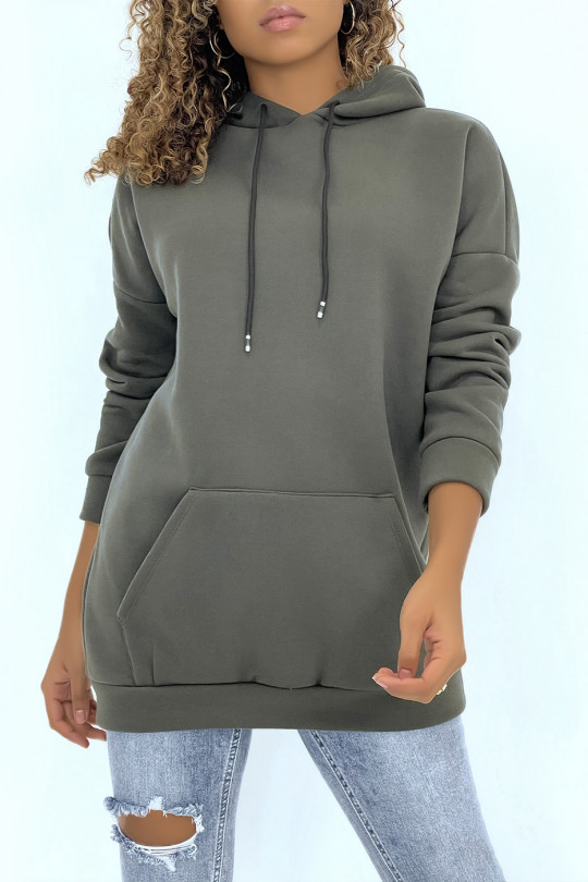 Long, very thick khaki sweatshirt with hood and pockets - 6