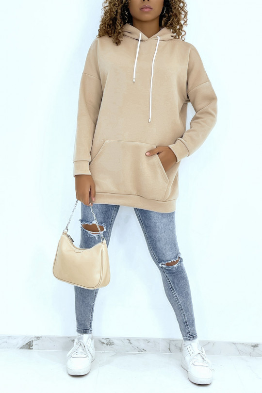 Long very thick beige sweatshirt with hood and pockets - 1