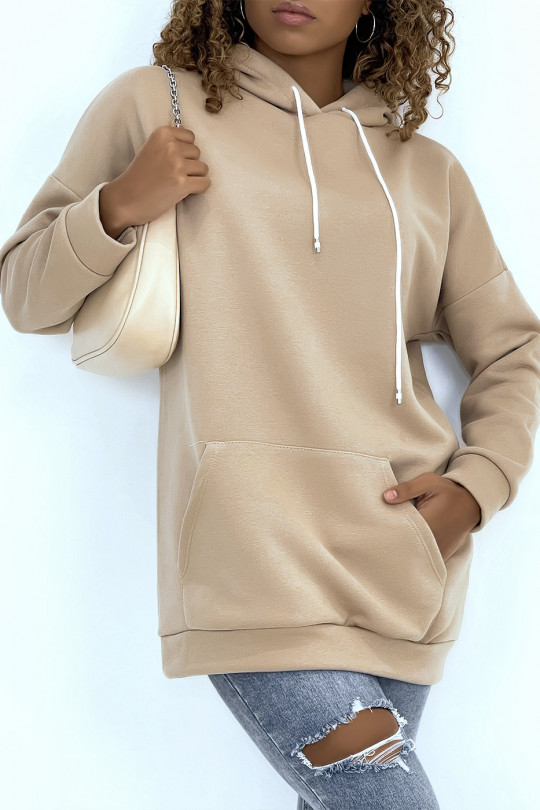 Long very thick beige sweatshirt with hood and pockets - 2