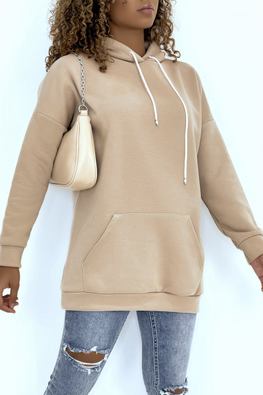 Long very thick beige sweatshirt with hood and pockets - 3