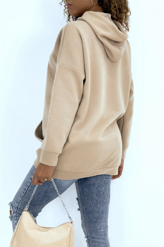Long very thick beige sweatshirt with hood and pockets - 5